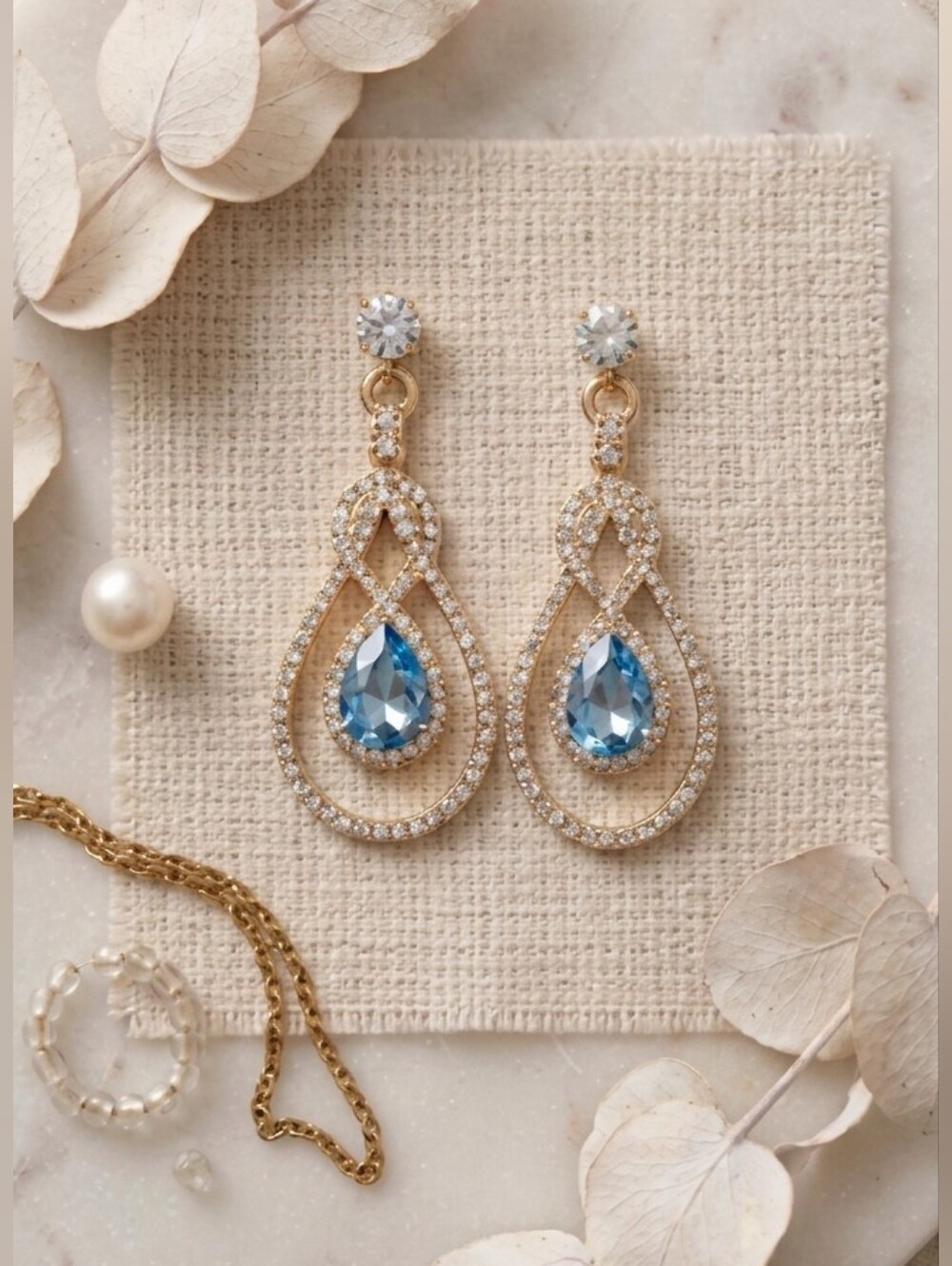 New Women's Gold Teardrop Earrings with Blue Crystal Statement Cocktail Jewelry